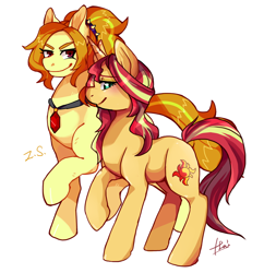 Size: 1024x1060 | Tagged: safe, artist:hisshi shoujo, artist:samonferrari, adagio dazzle, sunset shimmer, pony, unicorn, female, lesbian, mare, ponified, shipping, sunsagio