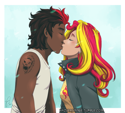 Size: 1016x915 | Tagged: safe, artist:hazurasinner, sunset shimmer, oc, oc:blitz, oc:blitz ranger, human, blitzshimmer, canon x oc, dark skin, female, humanized, kissing, male, shipping, straight