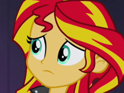 Size: 317x238 | Tagged: safe, screencap, sunset shimmer, equestria girls, rainbow rocks, cropped, reaction image, sad, solo