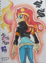 Size: 1161x1607 | Tagged: safe, artist:emichaca, sunset shimmer, equestria girls, ass, bunset shimmer, clothes, looking back, pants, solo, traditional art