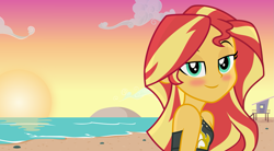 Size: 2165x1191 | Tagged: safe, artist:kingdark0001, sunset shimmer, better together, equestria girls, bare shoulders, beach, beautiful, bedroom eyes, blushing, clothes, female, lidded eyes, looking at you, ocean, pun, sand, sleeveless, solo, sunset, swimsuit, this will end in kisses, visual pun