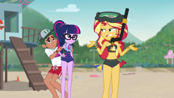 Size: 1920x1080 | Tagged: safe, screencap, sci-twi, sunset shimmer, timber spruce, twilight sparkle, better together, equestria girls, unsolved selfie mysteries, beach, belly, belly button, bikini, bikini babe, cap, clothes, diving goggles, female, geode of empathy, geode of telekinesis, glasses, hat, legs, lifeguard timber, magical geodes, male, midriff, mountain, ponytail, shorts, shrug, sleeveless, snorkel, swimsuit