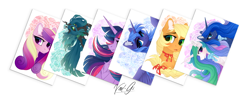 Size: 2000x765 | Tagged: safe, artist:vird-gi, applejack, princess cadance, princess celestia, princess luna, queen chrysalis, twilight sparkle, twilight sparkle (alicorn), alicorn, changeling, changeling queen, earth pony, pony, alicorn tetrarchy, alternate hairstyle, female, mare, postcard, s1 luna