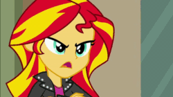 Size: 600x337 | Tagged: safe, artist:paragonaj, edit, edited screencap, screencap, sunset shimmer, equestria girls, equestria girls (movie), :p, animated, derp, evil grin, face, faic, gif, glare, grin, silly, silly face, silly human, smiling, smirk, solo, tongue out, wall eyed, wat