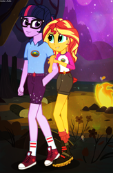 Size: 1871x2858 | Tagged: safe, artist:asika-aida, dusk shine, sci-dusk, sci-twi, sunset shimmer, twilight sparkle, equestria girls, legend of everfree, art trade, campfire, clothes, converse, duskshimmer, equestria guys, glasses, half r63 shipping, male, mountain, night, rule 63, sciduskshimmer, scitwishimmer, shipping, shirt, shoes, shorts, smiling, stars, straight, sunsetsparkle