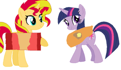 Size: 732x421 | Tagged: safe, artist:nouseyourname, sunset shimmer, twilight sparkle, pony, bacon, bacon hair, baconpancake, butter, cardboard twilight, clothes, costume, female, food, i'm pancake, lesbian, maple syrup, meat, pancakes, shipping, stock vector, sunset shimmer dressing up as food, sunsetsparkle