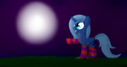 Size: 1024x539 | Tagged: safe, artist:visionwing, princess luna, alicorn, pony, clothes, female, filly, grass, ground, happy, mare, moon, night, socks, striped socks, woona, younger