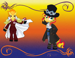 Size: 3300x2550 | Tagged: safe, artist:kelseyleah, spitfire, sunset shimmer, pony, akainu, bipedal, one piece, sabo