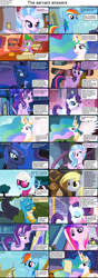 Size: 1282x3661 | Tagged: safe, derpy hooves, gallus, photo finish, princess cadance, princess celestia, princess luna, rainbow dash, rarity, silverstream, twilight sparkle, twilight sparkle (alicorn), alicorn, earth pony, griffon, hippogriff, pegasus, pony, unicorn, comic:celestia's servant interview, bookshelf, caption, cs captions, female, golden oaks library, inkwell, interview, male, mare, scroll