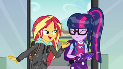 Size: 1280x720 | Tagged: safe, screencap, sci-twi, sunset shimmer, twilight sparkle, eqg summertime shorts, equestria girls, monday blues, backpack, clothes, geode of telekinesis, hoodie, magical geodes, shipping fuel, umbrella, wet hair