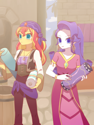 Size: 1200x1600 | Tagged: safe, artist:kkmrarar, rarity, sunset shimmer, equestria girls, movie magic, spoiler:eqg specials, alternate hairstyle, bandana, beautiful, carrying, clothes, dress, duo, duo female, female, india movie set, long hair, sunshim