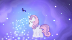 Size: 1440x808 | Tagged: safe, screencap, princess luna, sweetie belle, alicorn, pony, unicorn, for whom the sweetie belle toils, children of the night, dream realm, dream walker luna, duo, ethereal mane, female, filly, foal, mare, plot, princess luna singing, singing