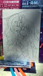 Size: 720x1280 | Tagged: safe, artist:p-curlyart, sunset shimmer, twilight sparkle, equestria girls, blushing, blushing profusely, commission, cuddling, cute, female, heart, lesbian, looking at each other, one eye closed, shimmerbetes, shipping, sketch, smiling, sunsetsparkle, twiabetes, wink