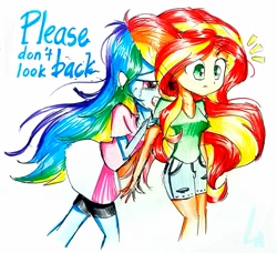 Size: 1225x1115 | Tagged: safe, artist:liaaqila, rainbow dash, sunset shimmer, equestria girls, crying, female, sad, scared, traditional art