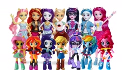 Size: 1600x929 | Tagged: safe, screencap, applejack, fluttershy, pinkie pie, rainbow dash, rarity, sci-twi, sunset shimmer, twilight sparkle, equestria girls, boots, clothes, comparison, doll, dress, equestria girls minis, glasses, hascon, hat, irl, jacket, photo, shoes, skirt, toy