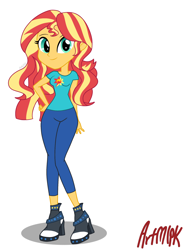 Size: 1536x2048 | Tagged: safe, artist:artmlpk, sunset shimmer, equestria girls, alternate hairstyle, boots, clothes, cutie mark, leggings, looking at you, shoes, simple background, smiling, solo, vector, white background