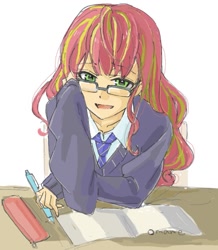 Size: 981x1127 | Tagged: safe, artist:5mmumm5, sunset shimmer, equestria girls, alternate hairstyle, female, glasses, looking at you, pen, solo