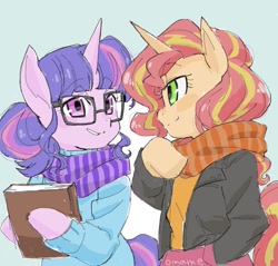 Size: 1165x1115 | Tagged: safe, artist:5mmumm5, sci-twi, sunset shimmer, twilight sparkle, pony, semi-anthro, unicorn, equestria girls, book, clothes, duo, equestria girls ponified, eye contact, female, glasses, green background, jacket, looking at each other, mare, scarf, simple background, sweater, unicorn sci-twi