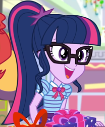 Size: 713x856 | Tagged: safe, screencap, sci-twi, sunset shimmer, twilight sparkle, better together, equestria girls, holidays unwrapped, bowtie, canterlot mall, chair, clothes, collar, cropped, dashing through the mall, female, geode of telekinesis, gift box, glasses, jewelry, magical geodes, mall, ponytail, present, shirt, short sleeves, sitting, skirt, smiling, table