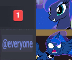 Size: 821x684 | Tagged: safe, edit, editor:childofthenight, screencap, princess luna, alicorn, pony, princess twilight sparkle (episode), @everyone, angry, discord (program), female, happy, mare, meme, smiling, solo, spread wings, triggered, wings