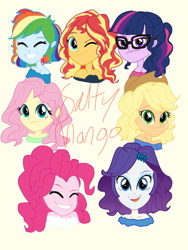 Size: 1500x2000 | Tagged: safe, artist:saltymango, applejack, fluttershy, pinkie pie, rainbow dash, rarity, sci-twi, sunset shimmer, twilight sparkle, equestria girls, alternate clothes, alternate hairstyle, cute, humane five, humane seven, humane six, simple background