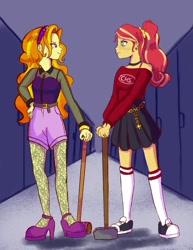 Size: 786x1017 | Tagged: safe, artist:pettypop, adagio dazzle, sunset shimmer, equestria girls, alternate costumes, alternate hairstyle, converse, croquet mallet, female, freckles, hammer, shoes, sledgehammer