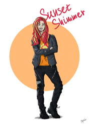 Size: 3508x4961 | Tagged: safe, artist:minegirl007, artist:shyinka, sunset shimmer, human, equestria girls, equestria girls series, alternate hairstyle, belt buckle, boots, bust, clothes, crossed arms, custom, custom colors, customized, cutie mark, cutie mark on human, drawing, eyebrow piercing, fanart, fanfic art, female, graphic design, humanized, irl, jacket, leather jacket, lip piercing, loose fitting clothes, loose hair, normal skin color, painting, pale skin, photo, piercing, portrait, punk, red hair, shoes, smiling, smiling at you, solo, standing, toy