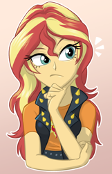 Size: 550x850 | Tagged: safe, artist:ta-na, sunset shimmer, better together, equestria girls, clothes, female, hand on cheek, jacket, leather jacket, solo, thinking