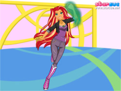 Size: 800x600 | Tagged: safe, artist:tychotma-1, sunset shimmer, equestria girls, crossover, dc comics, dc superhero girls, fiery shimmer, fire, grin, smiling, solo, starfire, starsue, teen titans