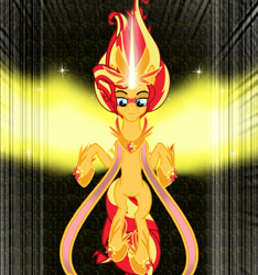 Size: 873x931 | Tagged: safe, artist:ponymaan, sunset shimmer, pony, unicorn, comic:lyra-lyra's bizarre adventure, equestria girls, friendship games, artificial wings, augmented, daydream shimmer, equestria girls ponified, female, glowing horn, jewelry, jojo's bizarre adventure, magic, magic wings, mare, ponified, regalia, shadow, solo, stand, wings