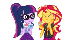 Size: 1280x720 | Tagged: safe, editor:php77, sci-twi, sunset shimmer, twilight sparkle, better together, equestria girls, super squad goals, clothes, cute, eyes closed, geode of empathy, glasses, hand on cheek, jacket, leather jacket, looking at each other, magical geodes, not a vector, ponytail, puffcake, shimmerbetes, simple background, skirt, transparent background, twiabetes