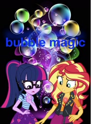 Size: 1134x1536 | Tagged: safe, editor:php77, sci-twi, sunset shimmer, twilight sparkle, better together, equestria girls, alternate universe, clothes, geode of empathy, glasses, jacket, leather jacket, looking down, magical geodes, open mouth, ponytail, skirt