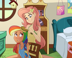 Size: 1500x1200 | Tagged: safe, artist:ric-m, fluttershy, rainbow dash, human, alternate hairstyle, awkward, beautiful, bedroom, blushing, braid, brushie, clothes, cute, dashabetes, dress, duo, female, grooming, humanized, interior, lip bite, shyabetes, tomboy taming