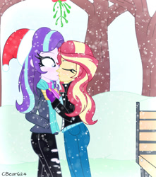 Size: 900x1016 | Tagged: safe, artist:cbear624, starlight glimmer, sunset shimmer, equestria girls, spoiler:eqg specials, bench, blushing, christmas, clothes, duo, eyes closed, female, hat, holiday, jacket, kissing, lesbian, mistletoe, mittens, pants, santa hat, scarf, shimmerglimmer, shipping, snow, snowfall, surprise kiss