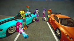 Size: 1920x1080 | Tagged: safe, artist:russianguyt, applejack, pinkie pie, rainbow dash, rarity, sci-twi, sunset shimmer, twilight sparkle, equestria girls, 3d, car, city, day, gmod, looking at you, parking lot, pose, poster, sitting