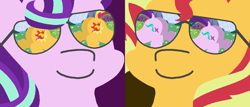 Size: 1004x428 | Tagged: safe, artist:threetwotwo32232, editor:rozyfly10, starlight glimmer, sunset shimmer, pony, unicorn, bunset shimmer, butt, dat butt, dock, double, double butt, eyes on the prize, female, glasses, glimmer glutes, lesbian, looking at her butt, meme, plot, prize on the eyes, reflection, shimmerglimmer, shipping, sunglasses