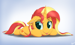 Size: 3978x2385 | Tagged: safe, artist:arcane-thunder, sunset shimmer, pony, unicorn, :p, cheek fluff, cute, ear fluff, female, floppy ears, gradient background, mare, prone, shimmerbetes, solo, tongue out