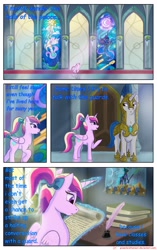 Size: 1950x3102 | Tagged: safe, artist:greenbrothersart, princess cadance, princess celestia, princess luna, alicorn, pony, comic:love is magic, comic, female, male, quill, royal guard, scroll, stained glass, stallion, teen princess cadance, teenager, writing