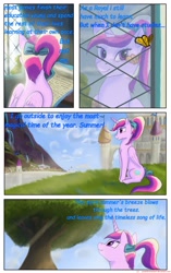 Size: 1950x3102 | Tagged: safe, artist:greenbrothersart, princess cadance, alicorn, butterfly, pony, comic:love is magic, comic, crepuscular rays, female, sitting, smiling, solo, teen princess cadance, teenager, tree