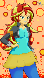 Size: 1836x3264 | Tagged: safe, artist:warriorg04, sunset shimmer, equestria girls, breasts, clothes, female, jacket, looking at you, pants, shirt, smiling, solo