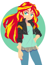 Size: 877x1221 | Tagged: safe, artist:hirosi41, sunset shimmer, equestria girls, beautiful, clothes, cute, female, jacket, leather jacket, pants, shimmerbetes, smiling, solo