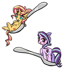 Size: 1800x2000 | Tagged: safe, artist:phyllismi, starlight glimmer, sunset shimmer, pony, unicorn, duo, female, horse spooning meme, mare, meme, simple background, spoon, tiny ponies, white background