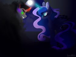 Size: 1600x1219 | Tagged: safe, artist:leviostars, king sombra, princess luna, alicorn, pony, umbrum, unicorn, dappled, eyebrows, female, looking at each other, lumbra, magic, male, missing accessory, moon, shipping, sombra eyes, straight