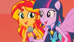 Size: 1920x1080 | Tagged: safe, screencap, sunset shimmer, twilight sparkle, twilight sparkle (alicorn), alicorn, equestria girls, rainbow rocks, female, microphone, ponied up, rainbow rocks outfit, rebecca shoichet, voice actor joke