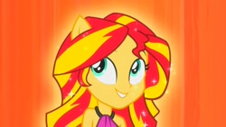 Size: 1920x1080 | Tagged: safe, screencap, sunset shimmer, equestria girls, rainbow rocks, female, glow, grin, ponied up, sleeveless, smiling, solo, sparkles, transformation