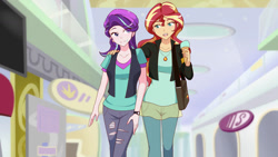 Size: 1280x721 | Tagged: safe, artist:jonfawkes, starlight glimmer, sunset shimmer, equestria girls, mirror magic, spoiler:eqg specials, clothes, duo, jacket, pants, scene interpretation, shirt, smiling, vest