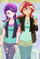 Size: 886x1280 | Tagged: safe, artist:jonfawkes, starlight glimmer, sunset shimmer, human, equestria girls, mirror magic, spoiler:eqg specials, bag, beanie, clothes, duo, female, hat, jacket, jewelry, necklace, open mouth, pants, scene interpretation, shirt, smiling, vest, watch