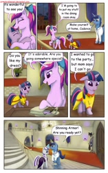 Size: 1950x3102 | Tagged: safe, artist:greenbrothersart, night light, princess cadance, twilight sparkle, twilight velvet, unicorn twilight, alicorn, pony, unicorn, comic:love is magic, clothes, comic, dress, female, filly, filly twilight sparkle, hug, male, mare, saddle bag, smiling, stallion, teen princess cadance, teenager, tongue out, younger