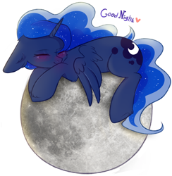 Size: 2820x2895 | Tagged: safe, artist:pesty_skillengton, princess luna, alicorn, pony, blushing, cute, eyes closed, female, floppy ears, good night, goodnight, heart, lunabetes, mare, moon, sleeping, smiling, solo, spread wings, tangible heavenly object, wings