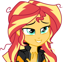 Size: 3048x3001 | Tagged: safe, artist:cloudyglow, sunset shimmer, equestria girls, friendship games, bedroom eyes, clothes, female, jacket, messy hair, shirt, simple background, smiling, solo, transparent background, vector